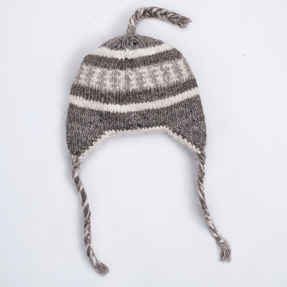Nepalese 100% Wool Sherpa Beanie Hat Nepal Fleece Lined Gray Beige Cream Vintage
